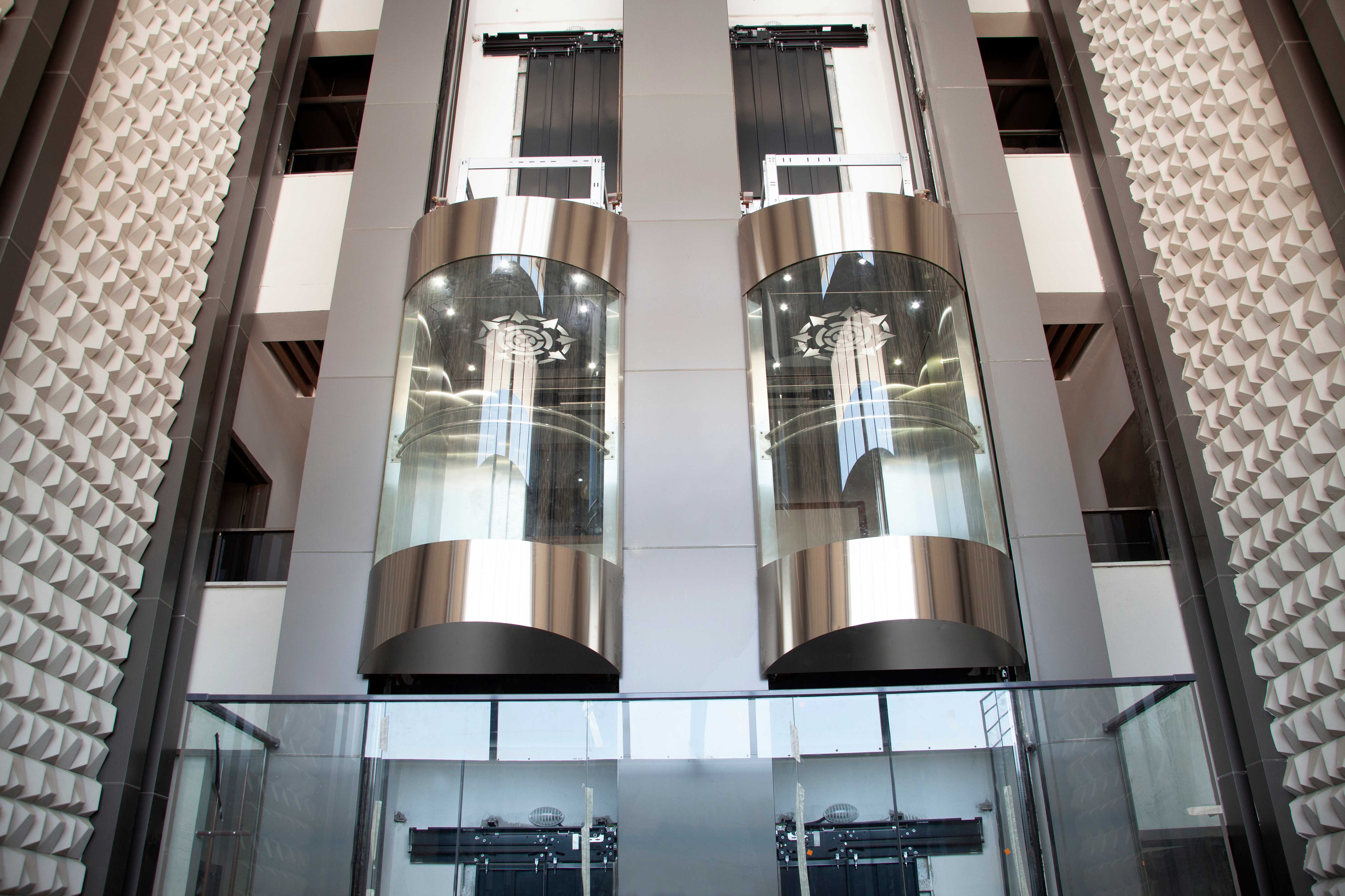 Inside a modern elevator shaft.